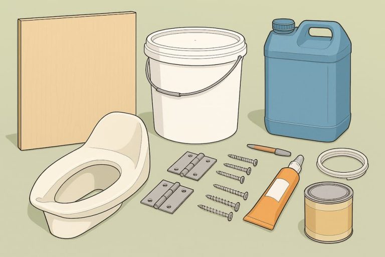 Matériel pour fabriquer un caisson de toilettes sèches : contreplaqué, abattant, seau, bidon, charnières et visserie